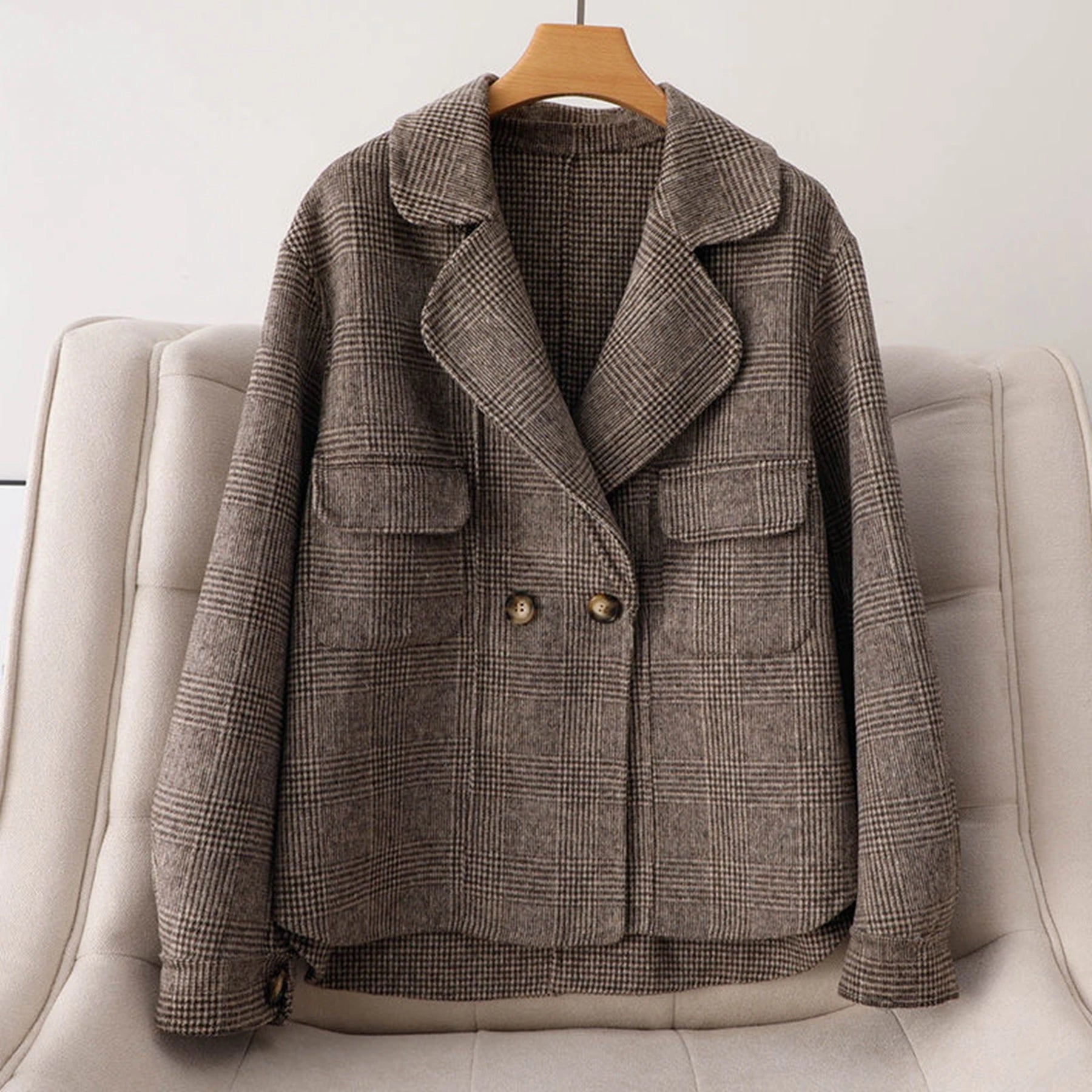 RÆNANCE – Retro Rutig Dubbelsidig Ulljacka För Kvinnor – Tidlös Design i Högkvalitativ Ull 7