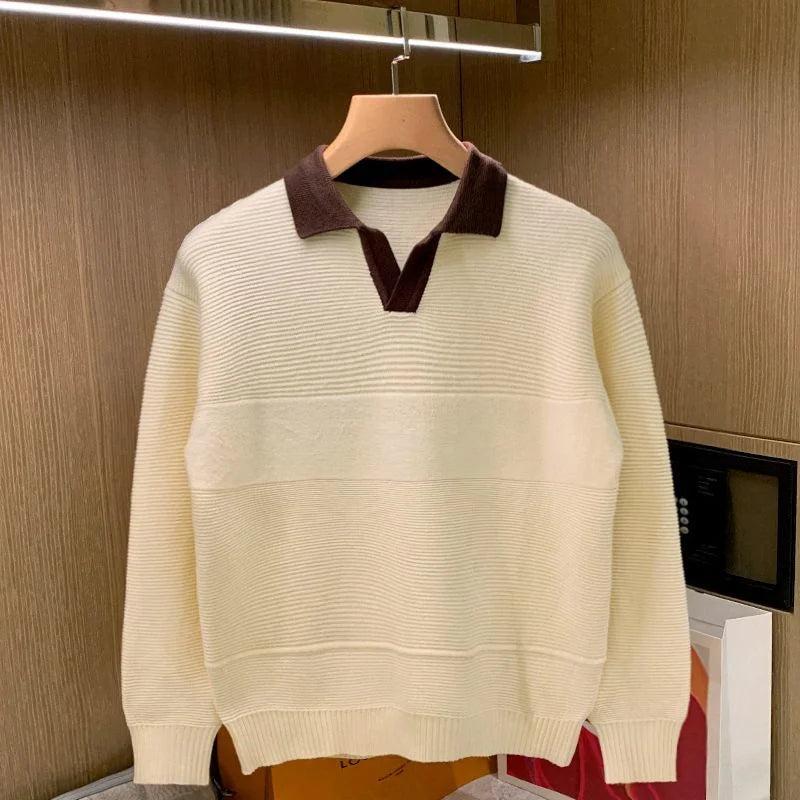 RÆNANCE – Enkel Stickad Tröja för Män i Mjukt Material med Färgblockerande Krage 0